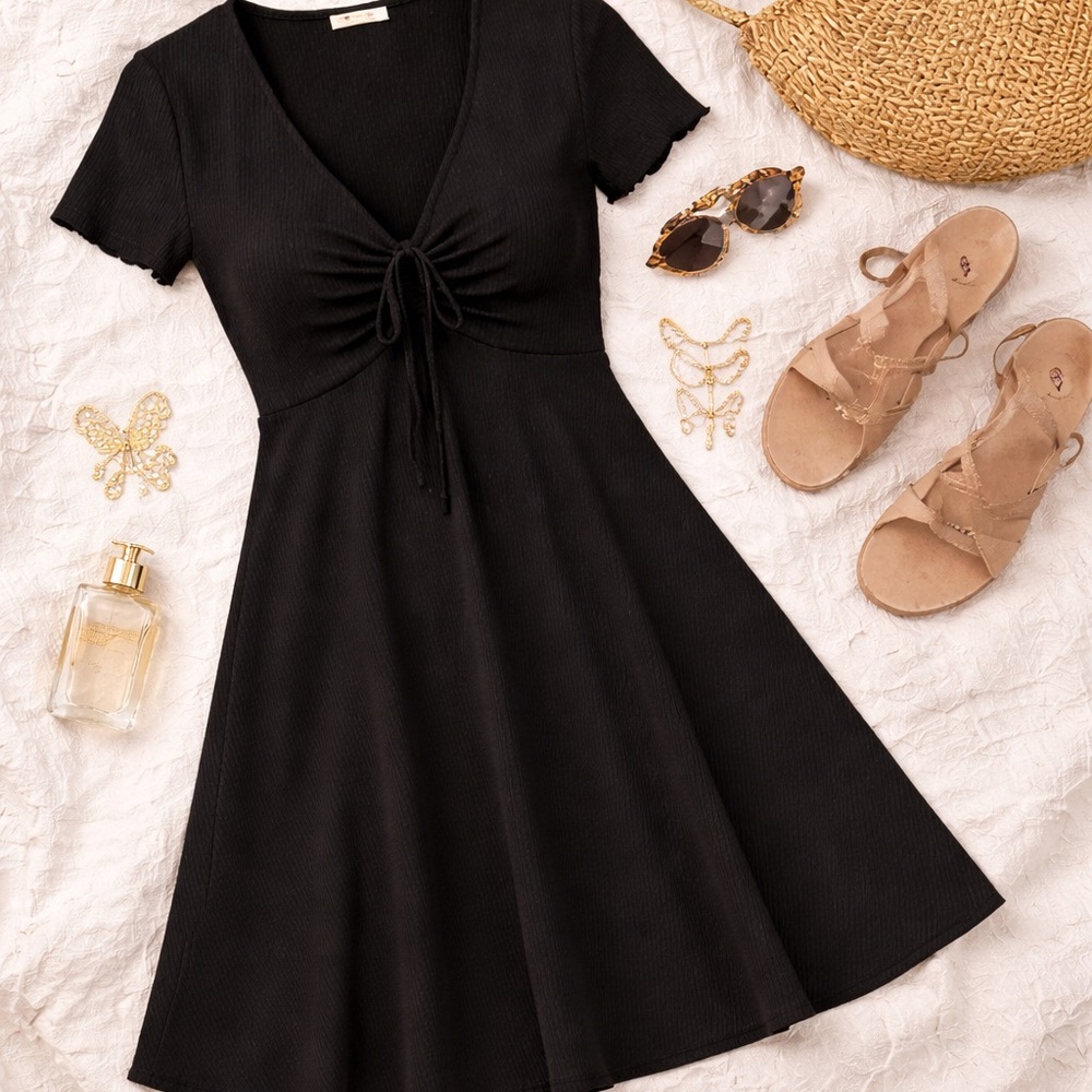 BP Black Ribbed Mini Dress 1X NWT Ruched Tie Front Casual Flowy